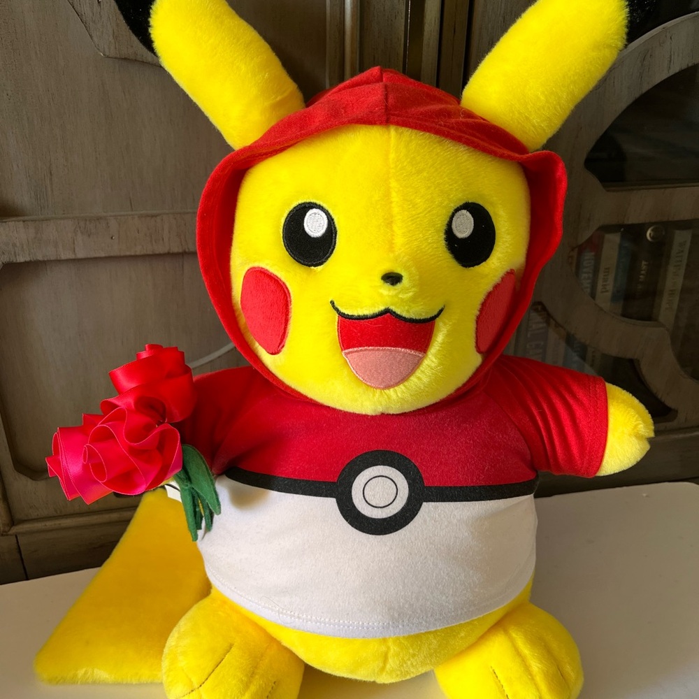 Build‑A‑Bear Pokémon Pikachu Plush 16" with Red Poké Ball Hoodie Official Rose